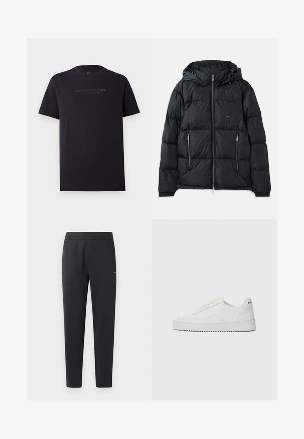 Chaqueta acolchada negra con cierre delantero, capucha ajustable, dos bolsillos laterales con cremallera y un diseño texturizado acolchado. Presenta un parche de logo.; Camiseta de algodón negra de manga corta, con cuello redondo y un ajuste ligeramente relajado. Presenta "ARMANI EXCHANGE MILANO / NEW YORK" en texto gris oscuro.; Pantalones de chándal negros hechos de una tela suave, con una cintura elástica, perneras rectas y un pequeño detalle del logo en el lateral.; Zapatilla de cuero blanca con un acabado suave, puntera redonda, cordones planos y suela texturizada. Cuenta con un sutil logo en el talón.