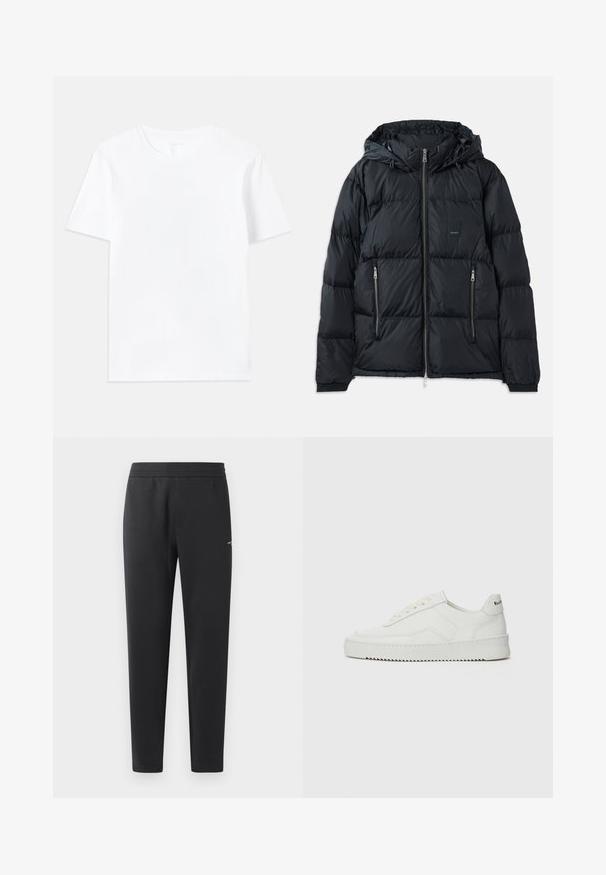 Juodas pūkinis džemperis su užtrauktuku priekyje, reguliuojama kapišonu, dviem užtrauktukais uždaromomis šoninėmis kišenėmis ir tekstūruotu, siuvinėtų dizainu. Yra logotipo siuvinys.; Balta medvilnės marškinėliai su klasikiniu apvaliu kaklu ir trumpomis rankovėmis, pasižymintys lygiu audiniu ir įprastu siluetu.; Juodos sportinės kelnės, pagamintos iš minkštos medžiagos, su elastinga juosmeniu, tiesiomis kojomis ir nedideliu logotipo akcentu šone.; Balti odiniai sportiniai bateliai su lygia apdaila, apvaliu pirštu, plokščiais raišteliais ir tekstūruotu padu. Pasižymi subtiliu logotipu ant kulno.