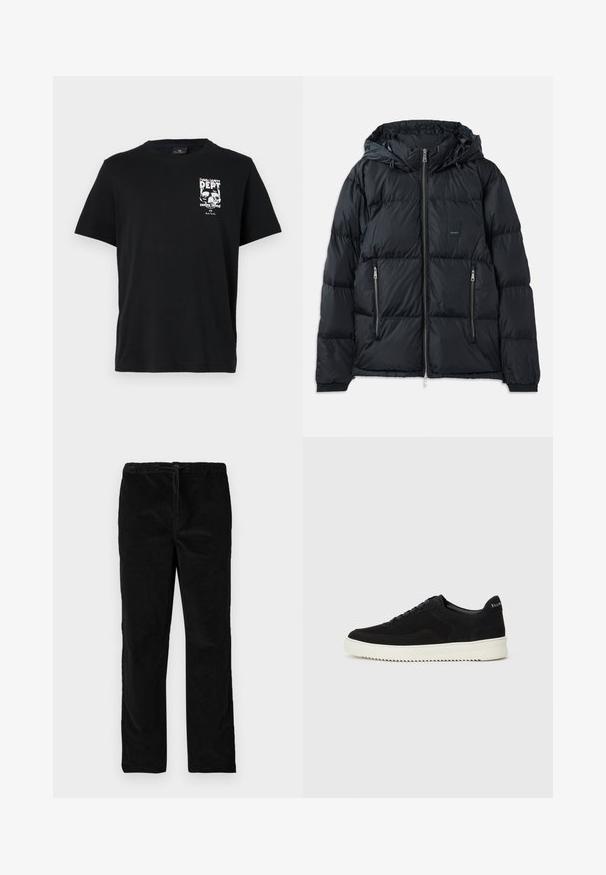 Black puffer jacket with a zip front, adjustable hood, two zippered side pockets, and a textured, quilted design. Features logo patch.; Black cotton T-shirt with short sleeves, featuring a white graphic print with text and skulls on the left chest. Classic crew neck design.; Black straight-leg velvet pants with elastic waistband and front drawstring, displayed against a plain white background.; Black suede sneaker with lace-up design and contrasting white rubber sole. Features textured side panels and subtle branding on the heel.