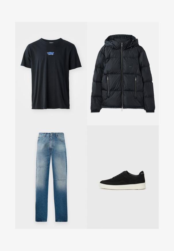 Zwarte pufferjack met een ritssluiting aan de voorkant, verstelbare capuchon, twee zijzakken met rits en een textuur, doorgestikte ontwerp. Voorzien van logo-embleem.; Zwarte katoenen T-shirt met korte mouwen en een ronde halslijn. Bevat een blauw logo op de borst. Eenvoudig, klassiek ontwerp.; Lichtblauwe spijkerbroek van denim met een recht model, gegarendeerd waseffect en twee horizontale naden. Voorzien van vijf zakken en een knoopsluiting.; Zwarte suède sneakers met vetersluiting en contrasterende witte rubberen zool. Voorzien van textuurpanelen aan de zijkanten en subtiele branding op de hiel.