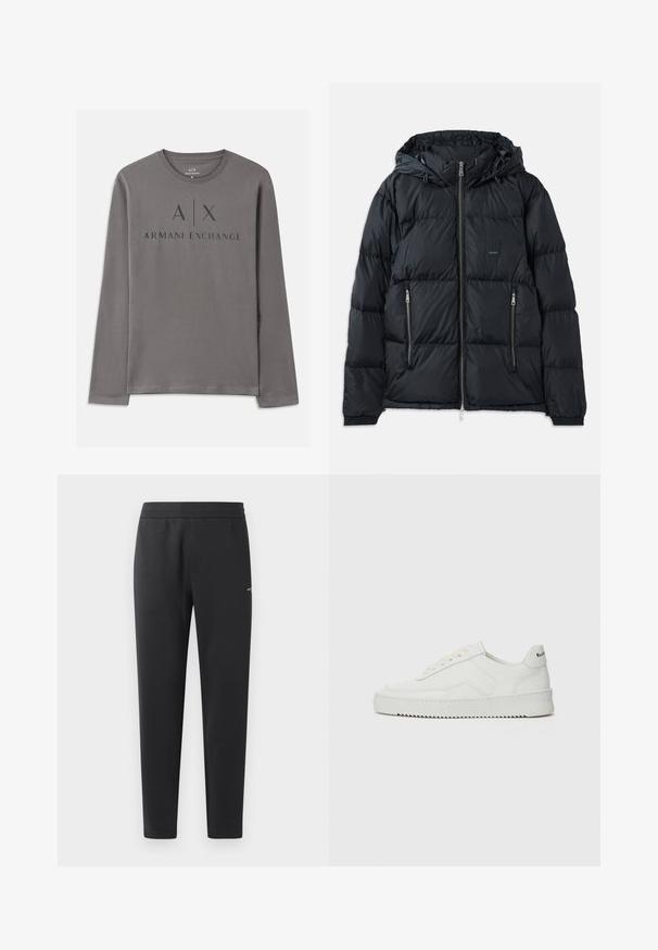 Black puffer jacket with a zip front, adjustable hood, two zippered side pockets, and a textured, quilted design. Features logo patch.; Long-sleeve gray t-shirt made of soft fabric featuring a crew neck. Front graphic includes “A|X ARMANI EXCHANGE” in dark lettering.; Black jogger pants made of soft fabric, featuring an elastic waistband, straight legs, and a single small logo detail on the side.; White leather sneaker with a smooth finish, round toe, flat laces, and a textured sole. Features a subtle logo on the heel.