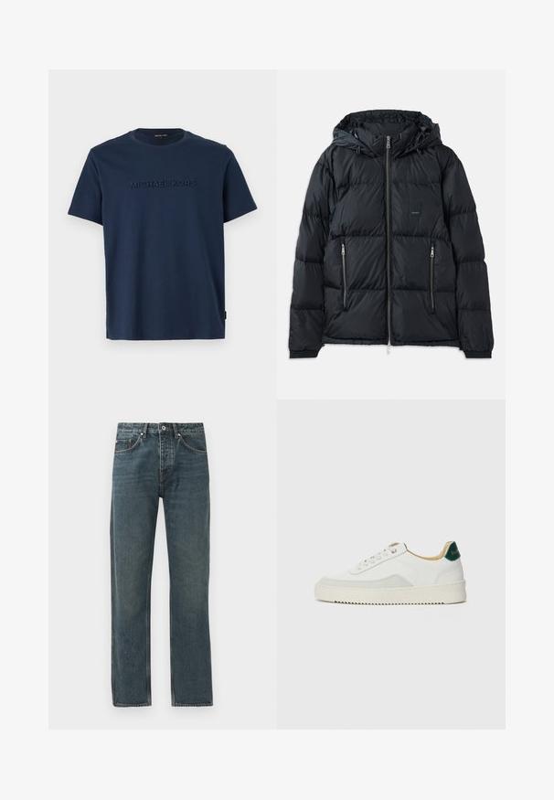 Mustat puhvijakku, jossa on vetoketjukfrontti, säädettävä huppu, kaksi vetoketjullista sivutaskua ja teksturoitu, tikattu malli. Sisältää logopatchin.; T-paita tummansinistä puuvillaa, jossa on lyhyet hihat ja pyöreä kaula-aukko; etupuolella kohotettu "MICHAEL KORS" -logo.; Tumman siniset farkut, joissa on suora lahjesuunnittelu. Farkuissa on viisi taskua, nappikiinnitys ja kontrastivärisiä ompeleita.; Valkoiset tennarit, joissa on nahkaosia, pyöreä kärki, tasaiset nauhat ja kermaisa kumi-pohja. Takana vihreä brändäys.