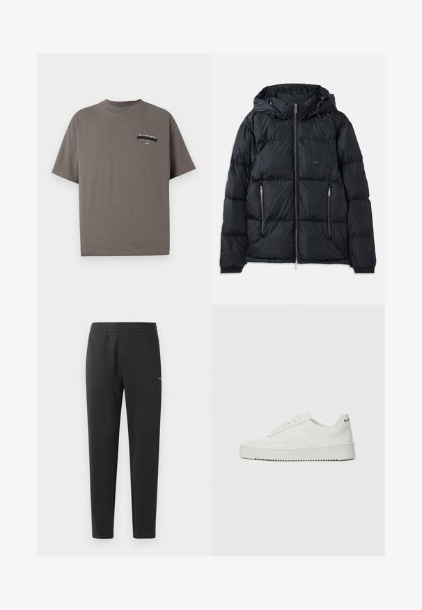 Zwarte pufferjack met een ritssluiting aan de voorkant, verstelbare capuchon, twee zijzakken met rits en een textuur, doorgestikte ontwerp. Voorzien van logo-embleem.; Grijze katoenen t-shirt met een ronde hals, korte mouwen en een bedrukte zak met het merk "ALL SAINTS" en extra tekst.; Zwarte joggingsbroek gemaakt van zachte stof, met een elastische tailleband, rechte pijpen en een klein logo detail aan de zijkant.; Witte leren sneaker met een gladde afwerking, ronde neus, platte veters en een gestructureerde zool. Kenmerkt zich door een subtiel logo op de hiel.