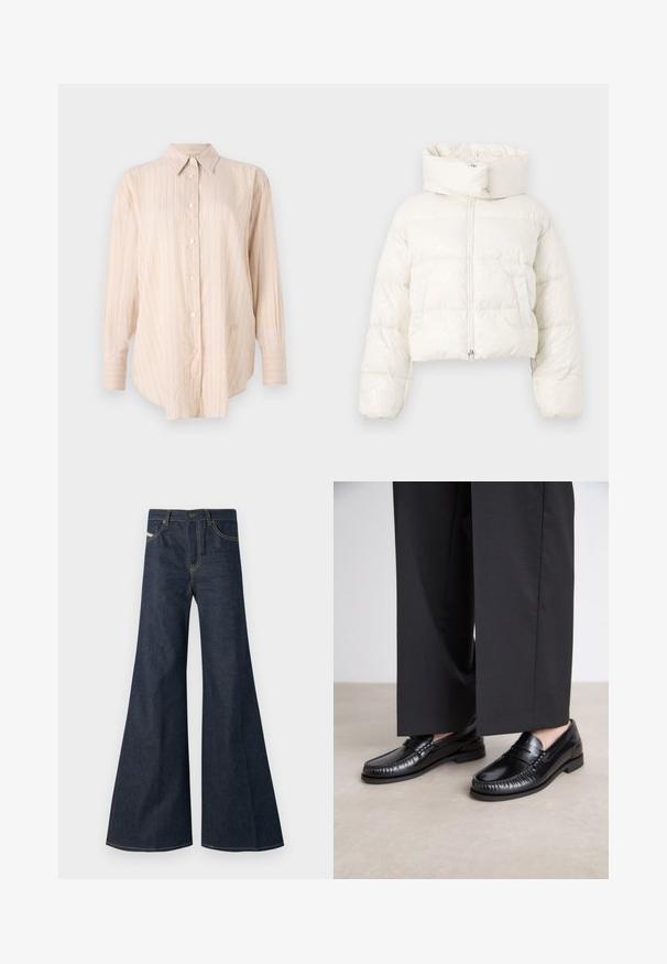 Afgekorte puffer jacket in glanzend wit materiaal, met een hoge kraag, ritssluiting aan de voorkant en horizontaal quilted ontwerp met twee zijzakken.; Lichtbeige overhemden met lange mouwen, met fijne verticale strepen en een klassieke kraag. Gemaakt van een gladde, zachte stof.; Donkerblauwe flared jeans van denim, met een hoge taille, gouden stiksels en twee voorzakken met een knoopsluiting.; Zwarte leren instappers met een gladde afwerking, gestikte details rond de teen en een lage rubberen zool. Gepaard met brede zwarte broeken.