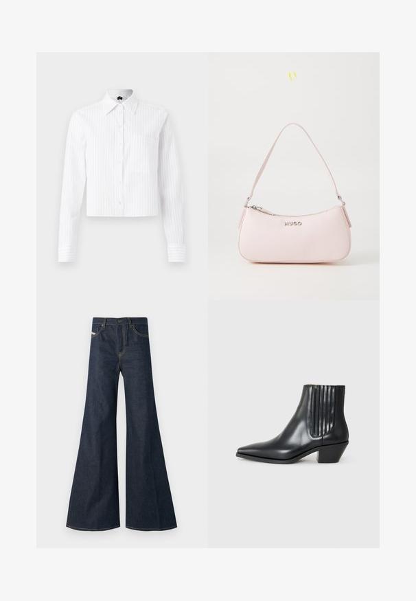 Rövid puffer dzseki fényes fehér anyagból, magas gallérral, cipzáros elejével és vízszintes steppelt mintázattal, két oldalsó zsebbe.; Fehér, rövidített, gombos ing világoskék függőleges csíkokkal, hosszú ujjak, egyetlen mellzseb és klasszikus gallér. Pamutkeverék anyag.; Sötétkék, bővülő farmernadrág, magas derékkal, aranyvarrás kiemelésekkel, és két elülső zsebbel, gombos záródással.; Fekete bőr bokacsizma hegyes orral, elasztikus oldalsó panelekkel, amelyek függőleges bemetszésekkel rendelkeznek, és alacsony blokk sarkú. Sima textúrájú és elegáns dizájn.; Rózsaszín bőr kézi táska ívelt dizájnnal, cipzáros záródással és vállpánttal. Elöl ezüst logó található.