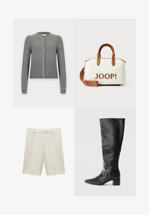 Giubbotto in pelle nera corto con colletto, chiusura frontale con bottoni e due grandi tasche a patta. Texture liscia e forma strutturata.; Cardigan grigio realizzato in tessuto lavorato a maglia, con maniche lunghe, collo rotondo, chiusura a bottoni e dettagli a coste, dotato di due tasche frontali.; PULL&BEAR Top - white; Pantaloni corti di lino beige con una vestibilità sartoriale, caratterizzati da una parte anteriore piatta, doppie pince e passanti per la cintura. Texture liscia, lunghezza a metà coscia.; Stivale in pelle nera fino al ginocchio con punta affilata e tacco a blocco, visto di lato su uno sfondo semplice.; Borsa morbida bianca con dettagli e manici in pelle marrone. Presenta un logo "JOOP!" in marrone. Include una tracolla rimovibile.