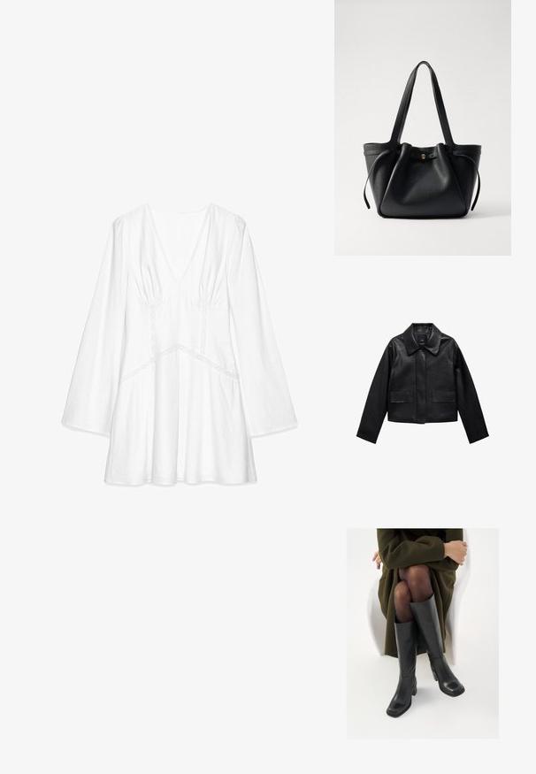 Czarna skórzana kurtka w kroju cropped z kołnierzem, z przodem zapinanym na guziki oraz dwoma dużymi kieszeniami z klapkami. Gładka faktura i zarysowany kształt.; Biała bluzka z długim rękawem, dekoltem w serek, marszczeniami na ramionach, akcentami z koronki oraz luźnym krojem, wykonana z lekkiego materiału.; Kozaki skórzane do kolan w kolorze czarnym, z kwadratowym noskiem i słupkowym obcasem, pokazane na modelce siedzącej w oliwkowej zielonej kurtce. Gładka tekstura, minimalne detale.; Czarna skórzana torba tote z dwoma długimi ramiączkami, ściąganym topem i złotym okrągłym akcentem. Gładka tekstura i minimalistyczny design.