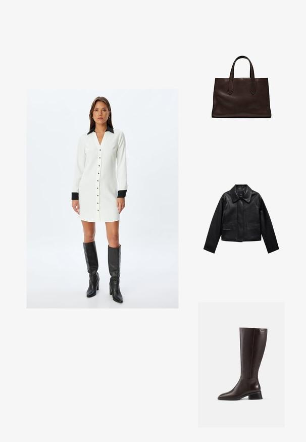 Schwarze, cropped Lederjacke mit Kragen, vorderem Knopfverschluss und zwei großen Klappentaschen. Glatte Textur und strukturierte Form.; Weißes Hemdblusenkleid mit schwarzem Kragen und Manschetten, gerade geschnitten, mit langen Ärmeln und metallischen Knopfakzenten.; Knöchelhohe, braune Lederstiefel mit glatter Oberfläche, abgerundeter Spitze und gestapeltem schwarzen Absatz. Schlichtes Design mit minimalen Hardware-Details.; Braune Ledertasche mit zwei langen Griffen, strukturierte rechteckige Form, glatte Textur und dezente Nähdetails.