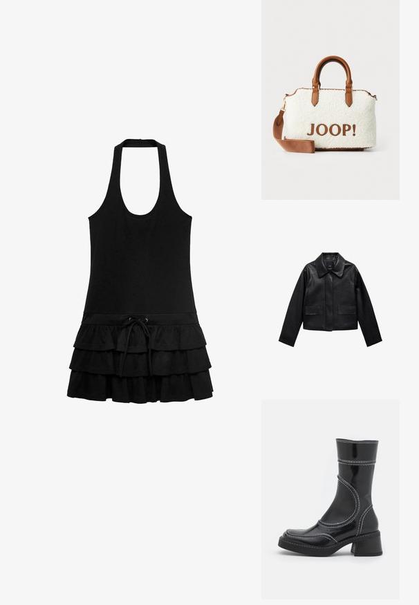 Jachetă din piele neagră, scurtă, cu guler, închidere cu buton în față și două buzunare mari cu clapetă. Textură netedă și formă bine definită.; Rochie neagră fără mâneci, cu decolteu halter, având un corset ajustat și o fustă cu volane în straturi, cu talie reglabilă cu șnur.; Cizmă ankle din piele patent neagră cu cusături albe, vârf rotund și toc pătrat. Prezintă linii de design curbe și o textură netedă.; Geantă albă din material plușat cu accente și mânere din piele maro. Prezintă un logo "JOOP!" în nuanța maro. Include o curea de umăr detașabilă.