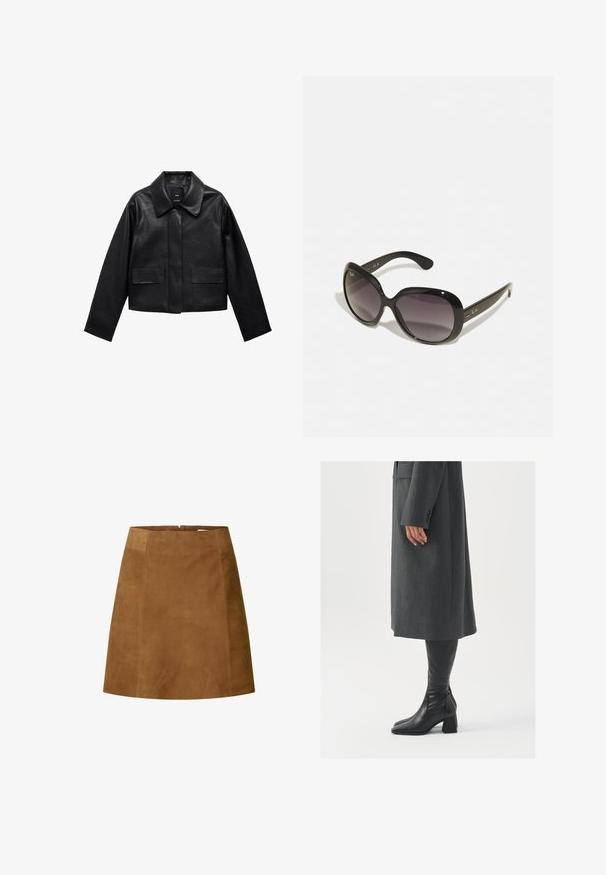 Sort cropped læderjakke med krave, frontlukning med knapper og to store flaplommer. Glat tekstur og struktureret form.; Hvid, langærmet, ribbet striktrøje med let bådformet halsudskæring og lige kant.; Brun sømbelagt mini nederdel med lige snit, der har en glat tekstur og en lynlås i ryggen. Enkel design uden yderligere detaljer.; Grå, skræddersyet frakke med lige snit; parret med knæhøje sorte læderstøvler med firkantet tå og kraftig hæl.; Sorte solbriller med oversized, runde stel. Lenses, der gradiere fra mørk til lys. Har en slank, blank finish og diskrete logo accenter på stænger.