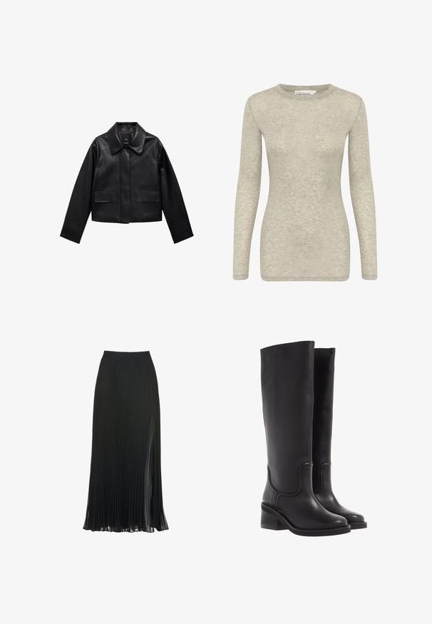 Zwart cropped leren jasje met een kraag, sluiting met voorste knopen en twee grote klepzakken. Vlotte textuur en gestructureerde vorm.; Langarm T-shirt in lichtgrijs, gemaakt van zachte, gestructureerde stof. Heeft een ronde halslijn en een getailleerde silhoët. Eenvoudig en veelzijdig ontwerp.; Zwarte geplooide maxi-jurk met een aansluitende tailleband, transparante textuur en een zijsplit voor extra beweging en vloeiendheid.; Zwarte leren kniehoge laarzen met een soepele textuur, ronde neus en een chunkyer heel. Heeft subtiele stiksels en een gestroomlijnd ontwerp.