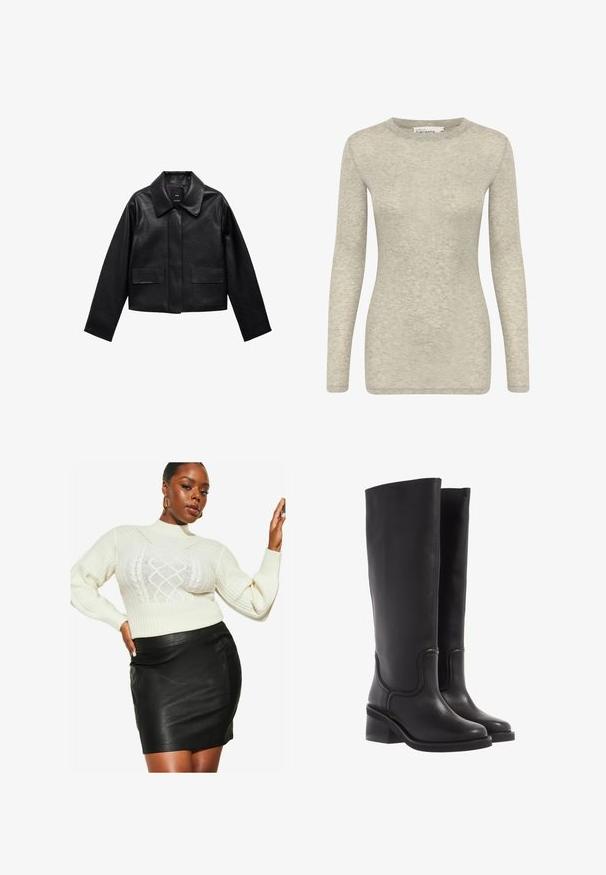 Crna skraćena kožna jakna s kragnom, prednjim kopčanjem na dugmad i dva velika džepa s preklopom. Glatka tekstura i oblik s jasnim linijama.; Dugih rukava u svijetlosivoj boji, izrađena od mekog, teksturiranog materijala. Ima okrugli izrez i uski kroj. Jednostavan i svestran dizajn.; Lipsy Suknja A kroja - black; Crne kožne čizme do koljena s glatkom teksturom, okruglim vrhom i debelim petama. Imaju suptilne šavove i elegantan dizajn.