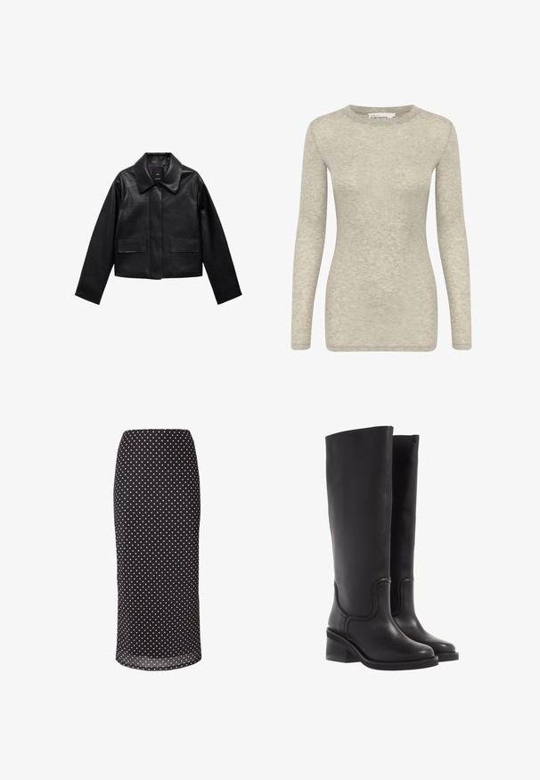 Schwarze, cropped Lederjacke mit Kragen, vorderem Knopfverschluss und zwei großen Klappentaschen. Glatte Textur und strukturierte Form.; Langärmliges Oberteil in Hellgrau, gefertigt aus weichem, strukturiertem Stoff. Verfügt über einen runden Halsausschnitt und eine figurbetonte Silhouette. Einfaches und vielseitiges Design.; Schwarzer Pünktchen-Midi-Rock aus leichtem Stoff, mit figurbetonter Form und glatter Textur. Der Saum endet knapp unterhalb des Knies.; Schwarze Lederstiefel bis zum Knie mit glatter Textur, abgerundeter Spitze und klobigem Absatz. Mit dezenten Nähten und einem schlanken Design.