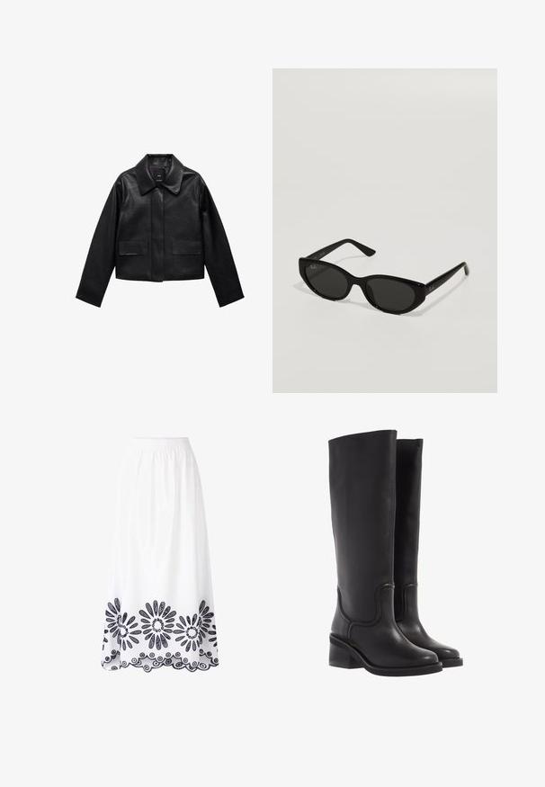 Veste en cuir noire courte avec col, fermeture à boutons sur le devant et deux grandes poches à rabat. Texture lisse et forme structurée.; T-shirt à manches longues en gris clair, fabriqué dans un tissu doux et texturé. Il présente un col rond et une silhouette ajustée. Conception simple et polyvalente.; Jupe longue blanche en tissu avec une taille élastique. Présente des broderies florales navy bleues délicates le long de l'ourlet et du bord festonné.; Bottes en cuir noir montant jusqu'au genou, avec une texture lisse, un bout arrondi et un talon épais. Présente une couture discrète et un design épuré.; Lunettes de soleil noires avec une forme étroite et en œil de chat. Fabriquées en plastique lisse, elles présentent des verres foncés et de subtils accents de logo sur les branches.