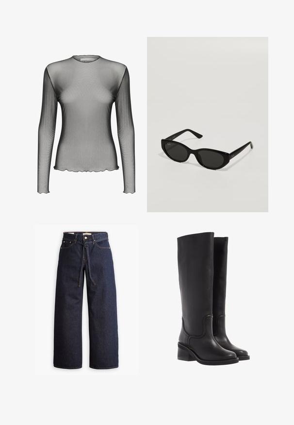 Schwarze, cropped Lederjacke mit Kragen, vorderem Knopfverschluss und zwei großen Klappentaschen. Glatte Textur und strukturierte Form.; Langärmliges Oberteil in Hellgrau, gefertigt aus weichem, strukturiertem Stoff. Verfügt über einen runden Halsausschnitt und eine figurbetonte Silhouette. Einfaches und vielseitiges Design.; Langärmliges Mesh-Top aus transparentem schwarzem Stoff mit rundem Ausschnitt und gewelltem Saum; bietet eine glatte Textur und ein leichtes Design.; Weite, dunkelblaue Jeans aus Denim mit hoher Taille, ausgestattet mit einem Kordelzug, fünf Taschen und kontrastierenden Nähdetails.; Schwarze Lederstiefel bis zum Knie mit glatter Textur, abgerundeter Spitze und klobigem Absatz. Mit dezenten Nähten und einem schlanken Design.; Schwarze Sonnenbrille in schmaler Katzenaugenform. Aus glattem Kunststoff gefertigt, mit dunklen Gläsern und dezenten Logo-Akzenten an den Bügeln.