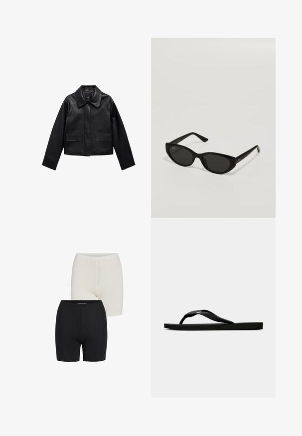 Crna skraćena kožna jakna s kragnom, prednjim kopčanjem na dugmad i dva velika džepa s preklopom. Glatka tekstura i oblik s jasnim linijama.; Dugih rukava u svijetlosivoj boji, izrađena od mekog, teksturiranog materijala. Ima okrugli izrez i uski kroj. Jednostavan i svestran dizajn.; Crno-bijele rastezljive kratke hlače bez šavova, s elastičnom gumom u struku i glatkom teksturom.; Crne gumene japanke s teksturiranim remenom i jednostavnom ravnom potplatom, prikazane s strane na jednostavnoj svijetloj pozadini.; Crne sunčane naočale uskog, mačkastog oblika. Izrađene od glatke plastike, imaju tamne leće i suptilne logotipe na okrajima.