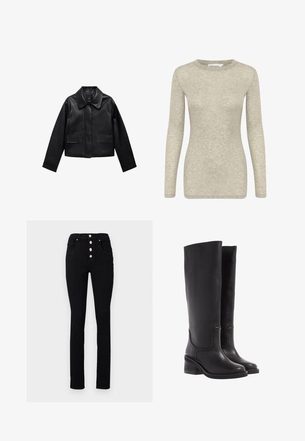 Black cropped leather jacket with a collar, front button closure, and two large flap pockets. Smooth texture and structured shape.; Long-sleeve top in light grey, made from soft, textured fabric. Features a round neckline and a fitted silhouette. Simple and versatile design.; Black high-waisted jeans with a slim fit, featuring five silver snap buttons, and front pockets. Smooth denim texture without patterns.; Black leather knee-high boots with a smooth texture, rounded toe, and a chunky heel. Features subtle stitching and a streamlined design.