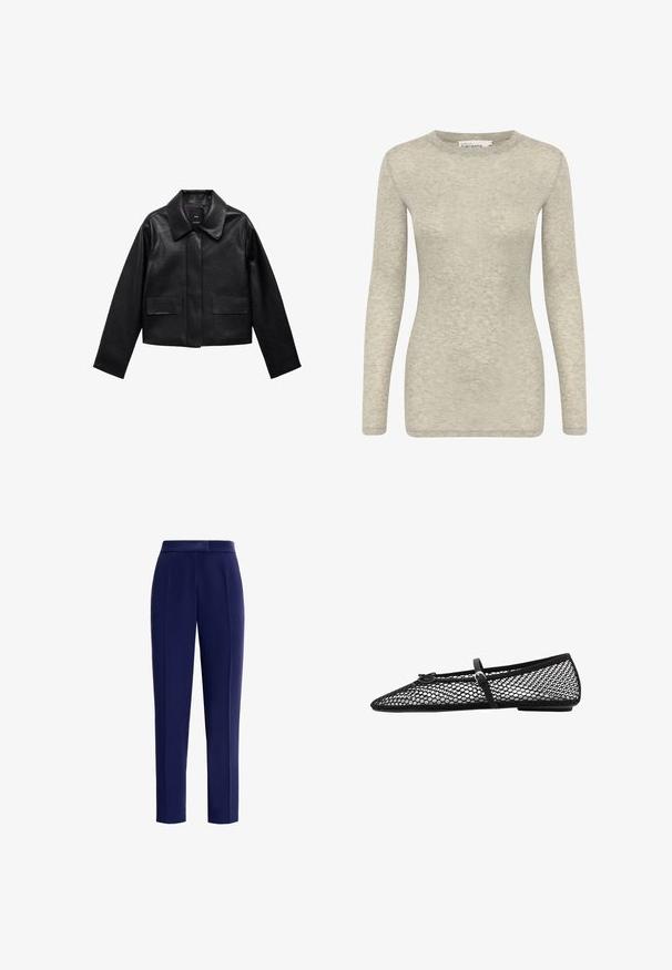Schwarze, cropped Lederjacke mit Kragen, vorderem Knopfverschluss und zwei großen Klappentaschen. Glatte Textur und strukturierte Form.; Langärmliges Oberteil in Hellgrau, gefertigt aus weichem, strukturiertem Stoff. Verfügt über einen runden Halsausschnitt und eine figurbetonte Silhouette. Einfaches und vielseitiges Design.; Marineblaue Hosen aus einem glatten Stoff mit einer taillierten Passform, vorderen Falten und einem mittelhohen Bund.; Schwarze Netz-Balletflats mit spitz zulaufender Zehenpartie, dekorativem Riemen und dezentem Akzent. Sie verfügen über ein offenes Netzdesign und eine flache Sohle.