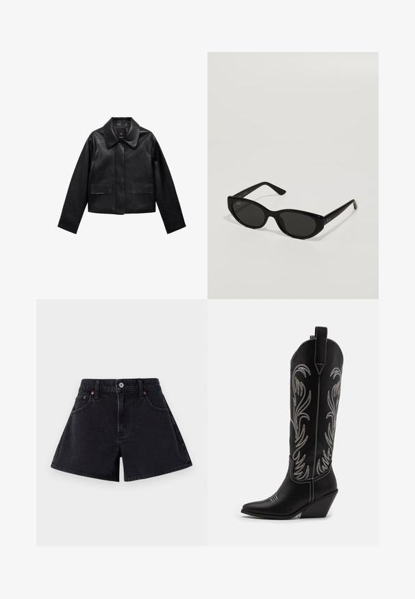 Crna skraćena kožna jakna s kragnom, prednjim kopčanjem na dugmad i dva velika džepa s preklopom. Glatka tekstura i oblik s jasnim linijama.; Dugih rukava u svijetlosivoj boji, izrađena od mekog, teksturiranog materijala. Ima okrugli izrez i uski kroj. Jednostavan i svestran dizajn.; Crne traperice kratke hlače s visokim strukom, s prednjem zatvaranjem na gumbe, dizajnom s pet džepova i blago raširenim oblikom.; Crne kožne kauboj čizme s šiljastim prstima, klinastim potpeticama i srebrnim izvezenim cvjetnim uzorcima duž osovine. Kontrastni šavovi posvuda.; Crne sunčane naočale uskog, mačkastog oblika. Izrađene od glatke plastike, imaju tamne leće i suptilne logotipe na okrajima.
