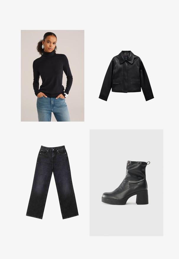 Čierna skrátená kožená bunda s golierom, predným zapínaním na gombíky a dvoma veľkými prekryvnými vreckami. Hladká textúra a štruktúrovaný tvar.; Žena s kučeravými vlasmi v čiernom roláku a modrých džínsach, nosí veľké strieborné náušnice a strieborný náramok, ruky má v vreckách.; Vysoké čierne denimmové džínsy so širokým strihom, dizajnom s piatimi vreckami a viditeľným šitím. Tkanina má hladký, mierne textúrovaný povrch.; Čierne členkové topánky z hladkej kože, so bočným zipsom, robustnou textúrovanou pätnou časťou a zaobleným dizajnom špičky.