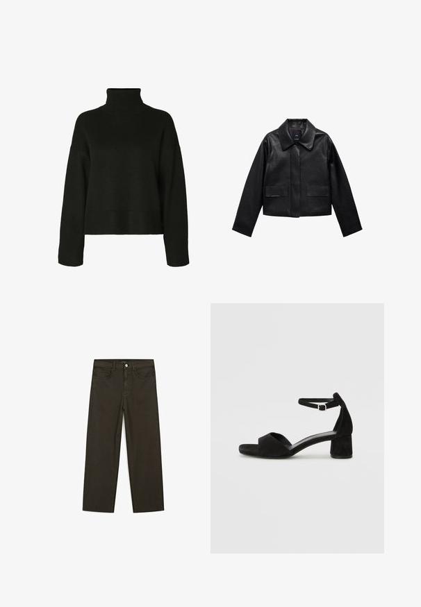 Giubbotto in pelle nera corto con colletto, chiusura frontale con bottoni e due grandi tasche a patta. Texture liscia e forma strutturata.; Maglione a collo alto nero realizzato in tessuto lavorato a maglia. Presenta maniche lunghe, spalle scese e un orlo e polsini a costine per aggiungere texture.; Jeans a gamba larga di colore verde scuro, realizzati in tessuto misto cotone, dotati di chiusura con bottone frontale, cinque tasche e cuciture classiche in denim.; Sandali con tacco in suede nero, con una sottile fascia alla caviglia, design open toe e un discreto tacco a blocco. Texture liscia e decorazioni minime.