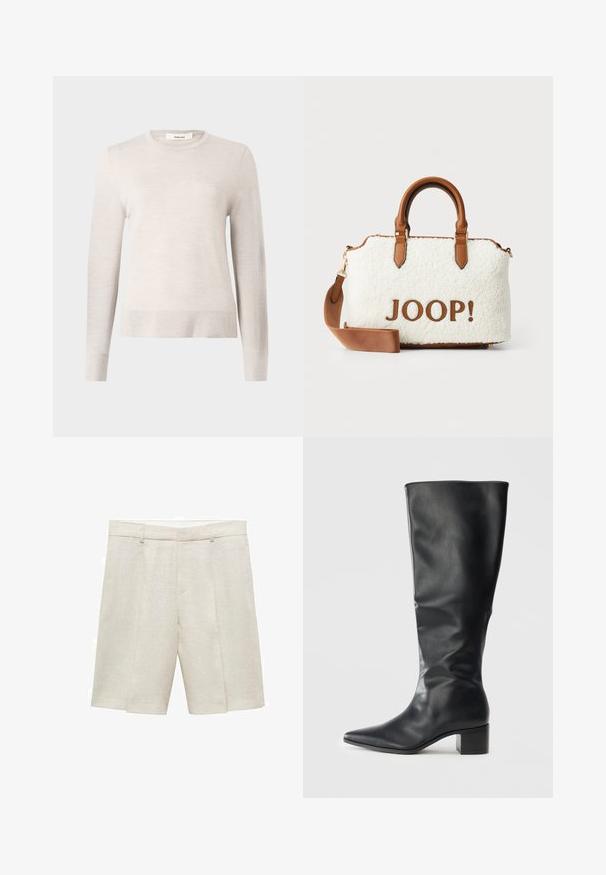 Schwarze, cropped Lederjacke mit Kragen, vorderem Knopfverschluss und zwei großen Klappentaschen. Glatte Textur und strukturierte Form.; Hellbeige langärmliger Pullover aus weichem Strickmaterial. Mit rundem Ausschnitt und gerippten Bündchen und Saum. Einfaches, klassisches Design.; Beige Leinen-Shorts mit taillierter Passform, flachem Frontteil, doppelten Falten und Gürtelschlaufen. Glatte Textur, bis zur Mitte des Oberschenkels.; Schwarze, kniehohe Lederstiefel mit spitzer Zehe und Blockabsatz, von der Seite vor einem schlichten Hintergrund betrachtet.; Weißer Plüschbeutel mit braunen Lederelementen und -griffen. Mit einem braunen "JOOP!"-Logo ausgestattet. Enthält einen abnehmbaren Schultergurt.