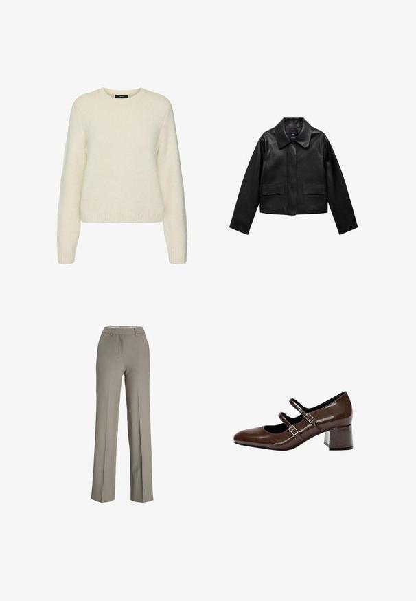 Giubbotto in pelle nera corto con colletto, chiusura frontale con bottoni e due grandi tasche a patta. Texture liscia e forma strutturata.; Maglione bianco lavorato a maglia con scollatura rotonda, maniche lunghe e polsini e orlo a costine. Texture morbida e vestibilità comoda.; Pantaloni larghi grigi chiari realizzati in un tessuto morbido con vita sagomata, pieghe frontali e tasche laterali.; Scarpe Mary Jane in pelle sintetica color marrone con due cinturini con fibbia, punta squadrata e tacco a blocco, caratterizzate da una finitura liscia e lucida.