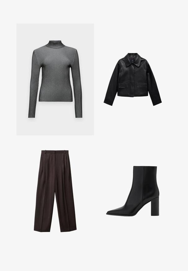 Črn skrajšan usnjen plašč s ovratnikom, sprednjim zapiranjem na gumb in dvema velikima žepoma s poklopcem. Gladka tekstura in strukturirana oblika.; Slim-fit, dolgi rokavi turtleneck top v metalno sivi barvi z rebrasto teksturo in minimalističnim dizajnom. Ima visok vrat in brezšivne ramena.; Hlače s širokimi hlačnicami iz temno rjave tkanine. Značilnosti vključujejo nabore spredaj, pas z zankami za pas in stranske žepe. Gladka tekstura.; Črne usnjene gležnjarje z ostrim nosom, kvadratno peto, gladko teksturo in šivi ob šivih. Pete merijo približno 3,5 palca.