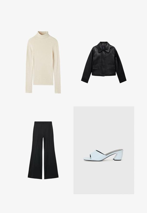Zwart cropped leren jasje met een kraag, sluiting met voorste knopen en twee grote klepzakken. Vlotte textuur en gestructureerde vorm.; Romige coltrui, geribbelde textuur, lange mouwen, aansluitend ontwerp, zacht materiaal en een hoge hals. Geen patronen of accenten opgemerkt.; Zwarte wijde-pijpen broek met een gladde textuur, gekenmerkt door voorplooien en een op maat gemaakte uitstraling. De stof is lichtgewicht en vloeiend.; Lichtblauwe open teen hakmules met een geometrisch ontwerp, voorzien van een brede band over de voet en een forse, hoekige hak.