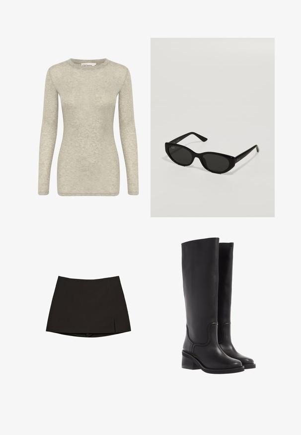 Schwarze, cropped Lederjacke mit Kragen, vorderem Knopfverschluss und zwei großen Klappentaschen. Glatte Textur und strukturierte Form.; Langärmliges Oberteil in Hellgrau, gefertigt aus weichem, strukturiertem Stoff. Verfügt über einen runden Halsausschnitt und eine figurbetonte Silhouette. Einfaches und vielseitiges Design.; Schwarzer Minirock aus glattem Stoff, mit geradem Schnitt, Seitenschlitzen und sauberem Saum. Einfach und vielseitig.; Schwarze Lederstiefel bis zum Knie mit glatter Textur, abgerundeter Spitze und klobigem Absatz. Mit dezenten Nähten und einem schlanken Design.; Schwarze Sonnenbrille in schmaler Katzenaugenform. Aus glattem Kunststoff gefertigt, mit dunklen Gläsern und dezenten Logo-Akzenten an den Bügeln.