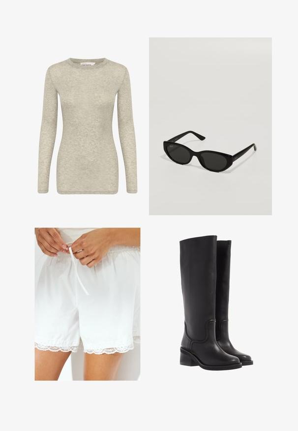 Svart kort läderjacka med krage, knappstängning framtill och två stora fickor med klaff. Slät textur och strukturerad form.; Långärmad topp i ljusgrått, tillverkad av mjukt, texturerat tyg. Har en rund halsringning och en figurnära silhuett. Enkel och mångsidig design.; Vita bomullsshorts med elastisk midja och dragsko, med spetsdetalj längs fållen för extra stil.; Svarta läderknähöga stövlar med en slät yta, rund tå och en kraftig klack. Har subtila sömmar och en strömlinjeformad design.; Svarta solglasögon med en smal, kattögsform. Tillverkade av slät plast, med mörka linser och subtila logotypdetaljer på bågarna.