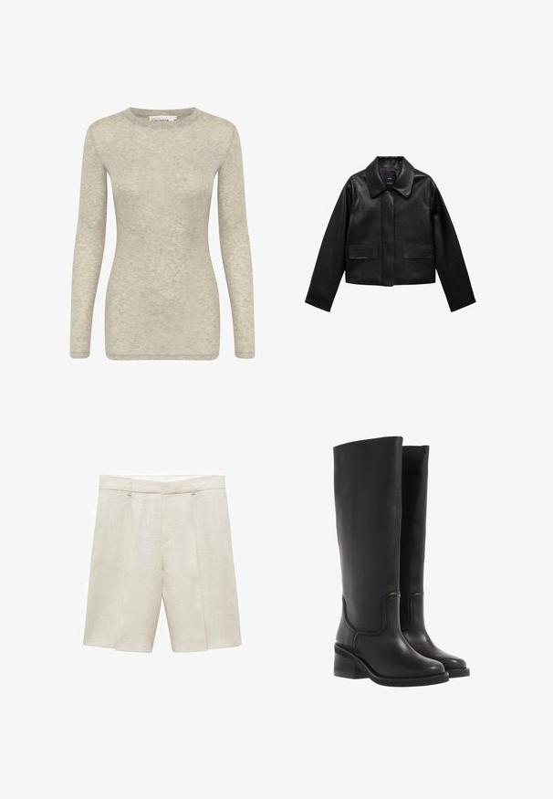Black cropped leather jacket with a collar, front button closure, and two large flap pockets. Smooth texture and structured shape.; Long-sleeve top in light grey, made from soft, textured fabric. Features a round neckline and a fitted silhouette. Simple and versatile design.; Beige linen shorts with a tailored fit, featuring a flat front, double pleats, and belt loops. Smooth texture, mid-thigh length.; Black leather knee-high boots with a smooth texture, rounded toe, and a chunky heel. Features subtle stitching and a streamlined design.