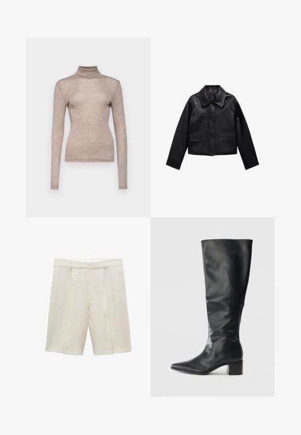 Schwarze, cropped Lederjacke mit Kragen, vorderem Knopfverschluss und zwei großen Klappentaschen. Glatte Textur und strukturierte Form.; Langärmliges Turtleneck-Oberteil aus weichem, hellem Beigefarbenem Stoff. Figurbetontes Design mit glatter Textur und hohem Kragen.; Beige Leinen-Shorts mit taillierter Passform, flachem Frontteil, doppelten Falten und Gürtelschlaufen. Glatte Textur, bis zur Mitte des Oberschenkels.; Schwarze, kniehohe Lederstiefel mit spitzer Zehe und Blockabsatz, von der Seite vor einem schlichten Hintergrund betrachtet.