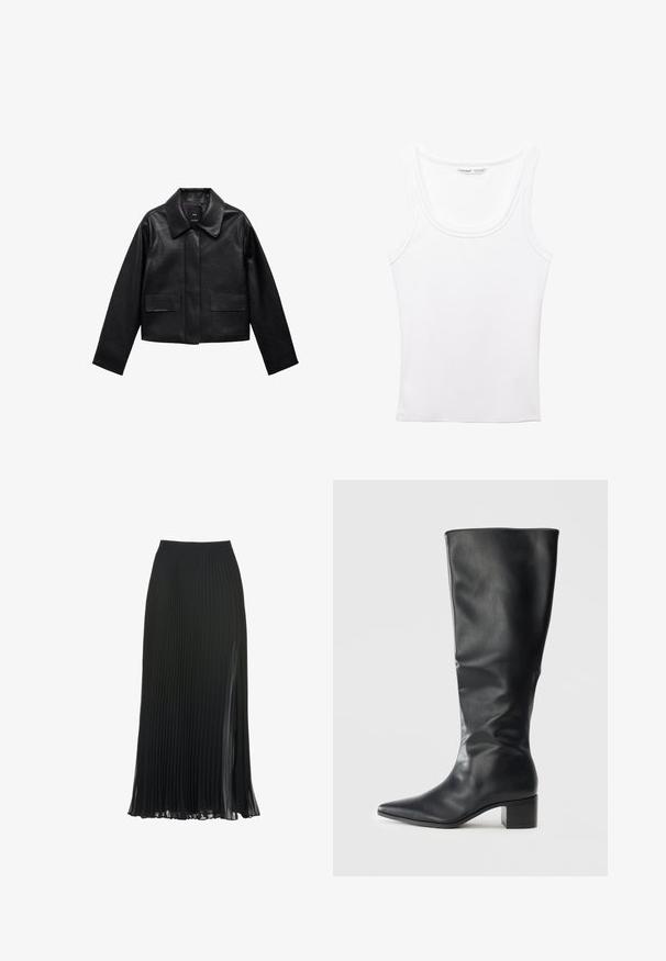 Čierna skrátená kožená bunda s golierom, predným zapínaním na gombíky a dvoma veľkými prekryvnými vreckami. Hladká textúra a štruktúrovaný tvar.; PULL&BEAR Top - white; Čierna plisovaná maxi sukňa s prispôsobeným pásom, priesvitnou textúrou a bočným rozparkom pre zvýšenú pohyblivosť a plynulosť.; Čierna kožená čižma po kolená s špicatou špičkou a blokovým podpätkom, zobrazená zboku na jednolatom pozadí.