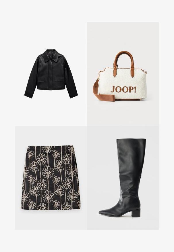 Veste en cuir noire courte avec col, fermeture à boutons sur le devant et deux grandes poches à rabat. Texture lisse et forme structurée.; PULL&BEAR Débardeur - white; Jupe noire ornée de broderies florales blanches avec des motifs en boucle. Texture lisse et forme ajustée, avec des détails de couture visibles.; Botte en cuir noir montant jusqu'au genou avec un nez pointu et un talon bloc, vue de côté sur un fond uni.; Sac en peluche blanc avec des accents en cuir marron et des poignées. Présente un logo "JOOP!" en marron. Comprend une bandoulière amovible.