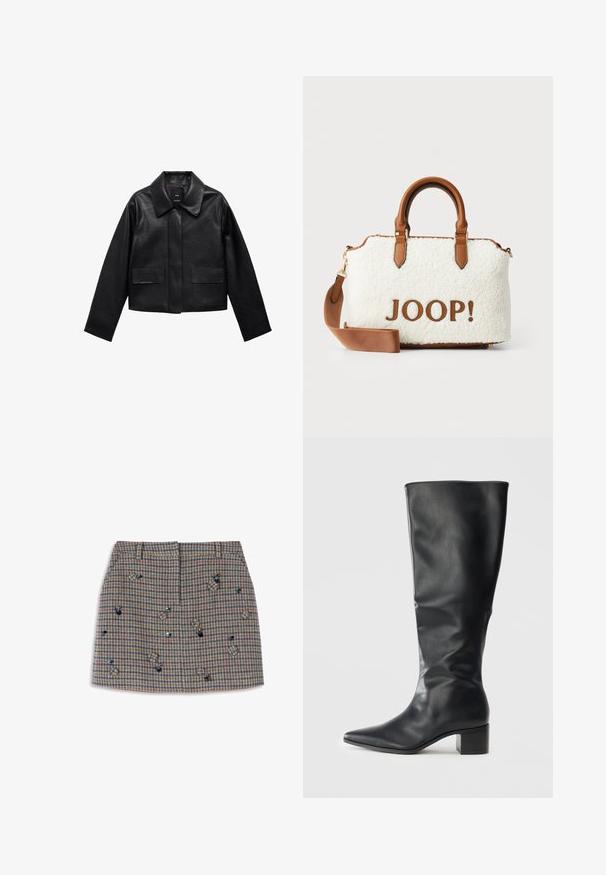 Schwarze, cropped Lederjacke mit Kragen, vorderem Knopfverschluss und zwei großen Klappentaschen. Glatte Textur und strukturierte Form.; PULL&BEAR Top - white; Karierte Woll-Minikilt in Braun-, Blau- und Grüntönen, mit dekorativen Pailletten und einer strukturierten Silhouette. Zwei vordere Taschen.; Schwarze, kniehohe Lederstiefel mit spitzer Zehe und Blockabsatz, von der Seite vor einem schlichten Hintergrund betrachtet.; Weißer Plüschbeutel mit braunen Lederelementen und -griffen. Mit einem braunen "JOOP!"-Logo ausgestattet. Enthält einen abnehmbaren Schultergurt.