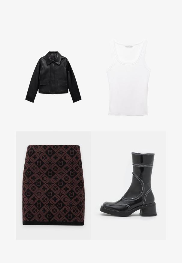 Zwart cropped leren jasje met een kraag, sluiting met voorste knopen en twee grote klepzakken. Vlotte textuur en gestructureerde vorm.; PULL&BEAR Top - white; Gebreide rok met een geometrisch zwart en bruin patroon met verschillende symbolen, een aansluitende vorm en een zwarte tailleband aan de zoom.; Zwarte lakleren enkellaars met witte stiksels, ronde neus en blokhak. Kenmerkt zich door gebogen ontwerplijnen en een gladde textuur.