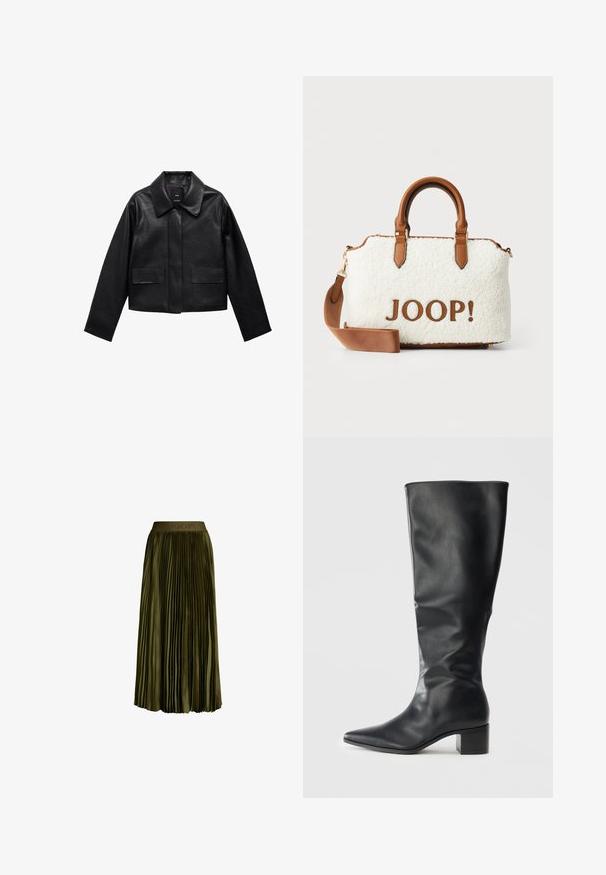 Černá zkrácená kožená bunda s límcem, předním zapínáním na knoflíky a dvěma velkými kapsami s klopami. Hladká textura a strukturovaný tvar.; PULL&BEAR Top - white; Olivově zelená skládací midi sukně s elastickým pasem, která obsahuje jemné logo "JOOP!", saténový vzhled a lehký siluetu.; Černá kožená kozačka do kolen s špičatou špičkou a blokovým podpatkem, viděná z boku na jednobarevném pozadí.; Bílá plyšová taška s hnědými koženými akcenty a rukojetí. Obsahuje logo "JOOP!" v hnědé barvě. Součástí je odnímatelný ramenní popruh.