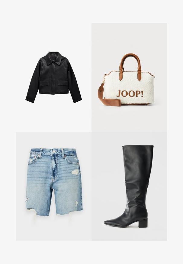 Veste en cuir noire courte avec col, fermeture à boutons sur le devant et deux grandes poches à rabat. Texture lisse et forme structurée.; PULL&BEAR Débardeur - white; Shorts en denim bleu clair à taille haute. Présentent des détails effilochés avec un ourlet effiloché et plusieurs poches. Design classique à cinq poches.; Botte en cuir noir montant jusqu'au genou avec un nez pointu et un talon bloc, vue de côté sur un fond uni.; Sac en peluche blanc avec des accents en cuir marron et des poignées. Présente un logo "JOOP!" en marron. Comprend une bandoulière amovible.