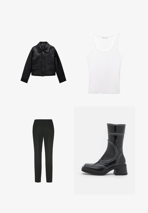 Musta lyhyt nahkatakki, jossa on kaulus, etupuolella napitus ja kaksi suurta läppätaskua. Sileä pinta ja muotoiltu rakenne.; PULL&BEAR Toppi - white; Luisa Spagnoli OTRE - Housut - nero; Musta lakattu nahkasaapas nilkkamallissa, jossa on valkoiset ompeleet, pyöreä kärki ja lohkarekorko. Ominaisuuksiin kuuluvat kaarevat muotoilulinjat ja sileä pinta.