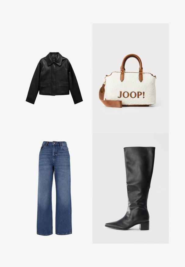 Czarna skórzana kurtka w kroju cropped z kołnierzem, z przodem zapinanym na guziki oraz dwoma dużymi kieszeniami z klapkami. Gładka faktura i zarysowany kształt.; PULL&BEAR - Top; Jeansy dzwonowate z denimu wykonane z nieco ciężkiej niebieskiej bawełny. Posiadają klasyczny pięciokomorowy design oraz zamek błyskawiczny z zapięciem na guzik.; Czarna skórzana bota do kolan z ostrym noskiem i kostką, widziana z boku na jednolitym tle.; Biała pluszowa torba z brązowymi skórzanymi akcentami i uchwytami. Zawiera brązowe logo "JOOP!". Posiada odpinany pasek na ramię.