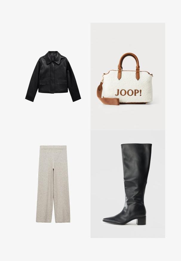 Veste en cuir noire courte avec col, fermeture à boutons sur le devant et deux grandes poches à rabat. Texture lisse et forme structurée.; PULL&BEAR Débardeur - white; Pantalon large gris clair en tissu doux avec une taille côtelée, présentant une texture lisse et sans motifs visibles.; Botte en cuir noir montant jusqu'au genou avec un nez pointu et un talon bloc, vue de côté sur un fond uni.; Sac en peluche blanc avec des accents en cuir marron et des poignées. Présente un logo "JOOP!" en marron. Comprend une bandoulière amovible.