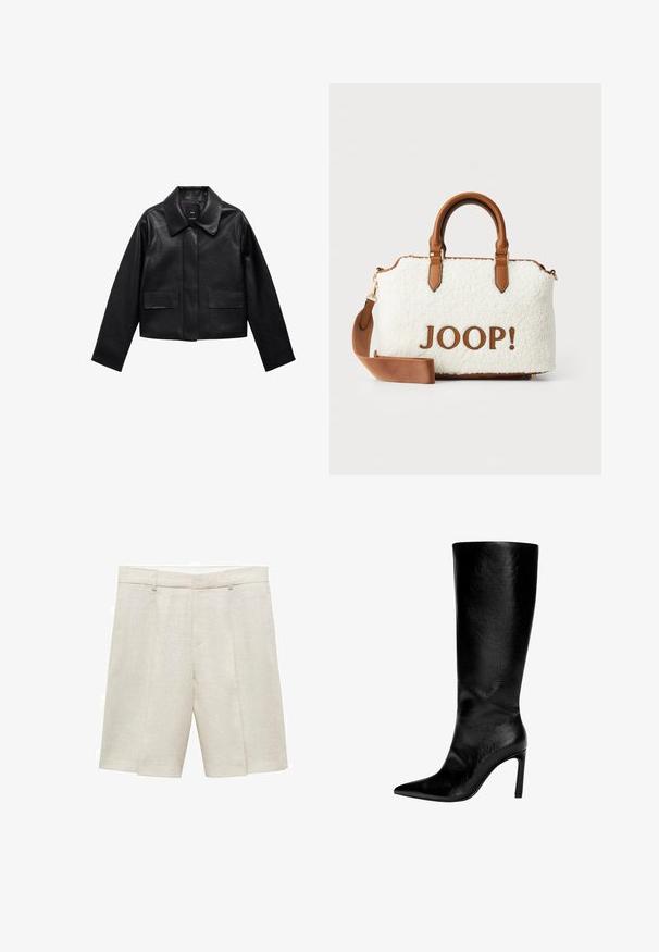 Črn skrajšan usnjen plašč s ovratnikom, sprednjim zapiranjem na gumb in dvema velikima žepoma s poklopcem. Gladka tekstura in strukturirana oblika.; PULL&BEAR Top - white; Bež lanene kratke hlače s krojem, ki se lepo prilega, z ravnim sprednjim delom, dvojno gubico in zankami za pas. Gladka tekstura, dolžina do sredine stegna.; Črne usnjene škornje do kolen s koničastim nosom, visokim stiletto peto, gladko obdelavo in preprostim, elegantnim dizajnom brez okraskov.; Bela plišasta torba z rjavimi usnjenimi dodatki in ročaji. Vsebuje rjavo "JOOP!" logo. Vključuje odstranljiv ramenski trak.