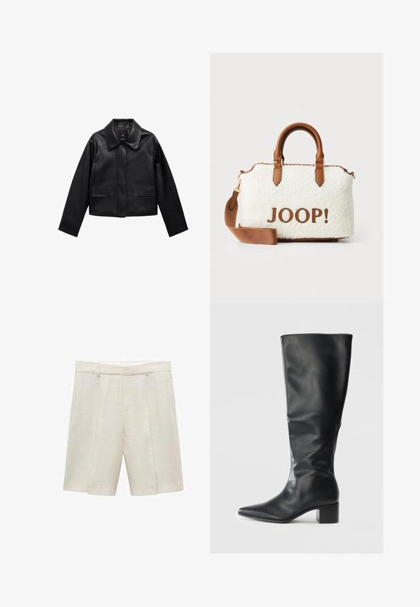 Musta lyhyt nahkatakki, jossa on kaulus, etupuolella napitus ja kaksi suurta läppätaskua. Sileä pinta ja muotoiltu rakenne.; PULL&BEAR Toppi - white; Beige puuvillashortsit, joissa on muokattu istuvuus, tasainen etuosa, kaksinkertaiset poimutukset ja vyölenkit. Sileä pinta, polvitienoiseen pituuteen.; Musta polviin saakka ulottuva nahkasaapas, jossa on terävä kärki ja lohkarekorko, näkymä sivusta yksinkertaista taustaa vasten.; Valkoinen pörröinen laukku ruskeilla nahkakiinnityksillä ja kahvoilla. Sisältää ruskean "JOOP!" -logon. Mukana irrotettava olkahihna.