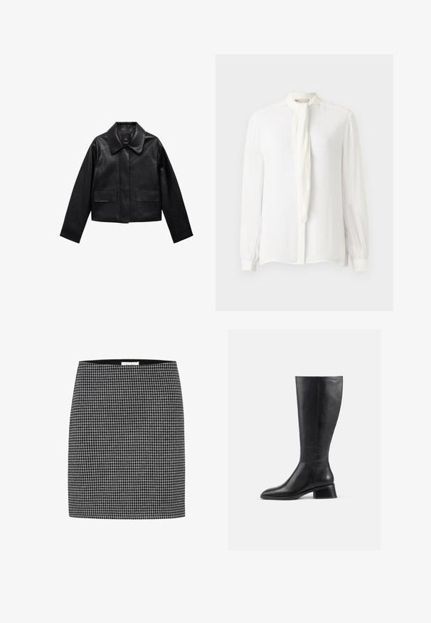 Veste en cuir noire courte avec col, fermeture à boutons sur le devant et deux grandes poches à rabat. Texture lisse et forme structurée.; Blouse blanche à manches longues avec un col haut et une fine cravate. Fabriquée en tissu lisse avec des poignets froncés et un devant à boutons.; Jupe en pied-de-poule noir et blanc avec une silhouette ajustée, texture lisse et une taille. Pas de matériel visible ni de motifs autre que le design pied-de-poule.; Bottillon en cuir noir hauteur genou avec un bout arrondi et un petit talon carré. Présente une texture lisse et des détails de couture minimaux.