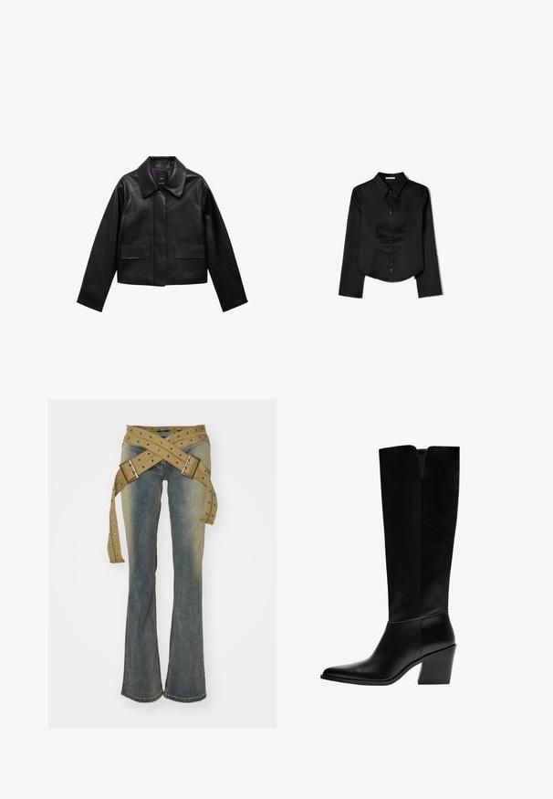 Musta lyhyt nahkatakki, jossa on kaulus, etupuolella napitus ja kaksi suurta läppätaskua. Sileä pinta ja muotoiltu rakenne.; Musta pitkähihaisten paita, joka on valmistettu sileästä kankaasta. Siinä on kärkitasku, edessä napitus ja lyhennetty helma, jossa on sivuhaalareita.; Jaded London STRAP UP STONEWASH - Bootcut-farkut - hellblau; Mustat polvimittaiset saappaat, jotka on valmistettu sileästä nahasta. Saappaissa on terävä kärki, tukevat korko ja V-muotoinen leikkaus ylhäällä.