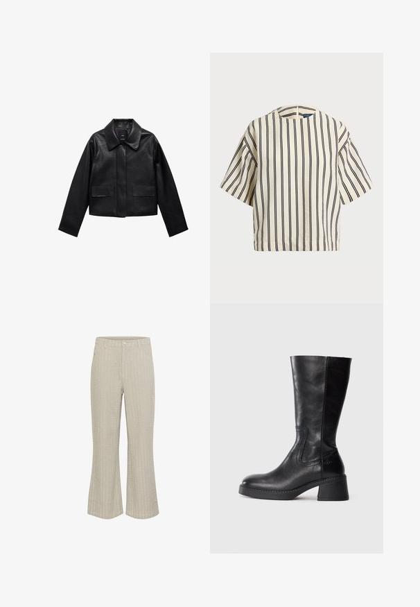 Zwart cropped leren jasje met een kraag, sluiting met voorste knopen en twee grote klepzakken. Vlotte textuur en gestructureerde vorm.; Korte mouwen, gestreepte top in crème en marineblauw, met een ronde halslijn en een boxy ontwerp van een textuurstof.; Beige flared broeken met een gestructureerd ribbelpatroon, voorzien van een sluiting met een knoop aan de voorkant en zakken. De stof lijkt zacht met een lichte glans.; Zwarte leren laars tot halverwege de kuit met blokhak en ronde neus, zichtbare stiksels aan de zijkanten en een gladde, gepolijste afwerking.