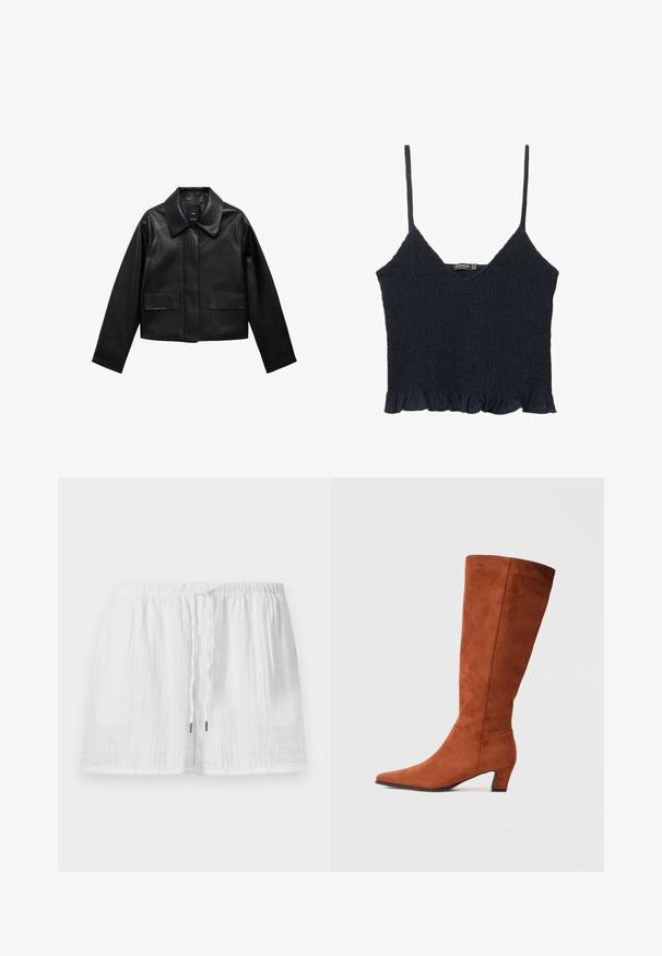 Czarna skórzana kurtka w kroju cropped z kołnierzem, z przodem zapinanym na guziki oraz dwoma dużymi kieszeniami z klapkami. Gładka faktura i zarysowany kształt.; Granatowy top w stylu crop z marszczeniami, z cienkimi, regulowanymi ramiączkami i falbaną u dołu. Wykonany z lekkiego materiału o teksturowanej powierzchni.; Lekkie, białe szorty bawełniane z elastycznym pasem i regulowanym sznurkiem, charakteryzujące się teksturowanym materiałem i luźnym krojem.; Brązowy zamszowy botek do kolan z ostro zakończonym noskiem i małym słupkowym obcasem, o gładkiej fakturze i minimalistycznym wzornictwie.