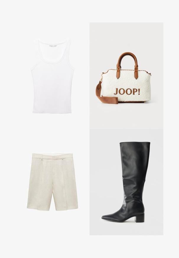 Schwarze, cropped Lederjacke mit Kragen, vorderem Knopfverschluss und zwei großen Klappentaschen. Glatte Textur und strukturierte Form.; PULL&BEAR Top - white; Beige Leinen-Shorts mit taillierter Passform, flachem Frontteil, doppelten Falten und Gürtelschlaufen. Glatte Textur, bis zur Mitte des Oberschenkels.; Schwarze, kniehohe Lederstiefel mit spitzer Zehe und Blockabsatz, von der Seite vor einem schlichten Hintergrund betrachtet.; Weißer Plüschbeutel mit braunen Lederelementen und -griffen. Mit einem braunen "JOOP!"-Logo ausgestattet. Enthält einen abnehmbaren Schultergurt.