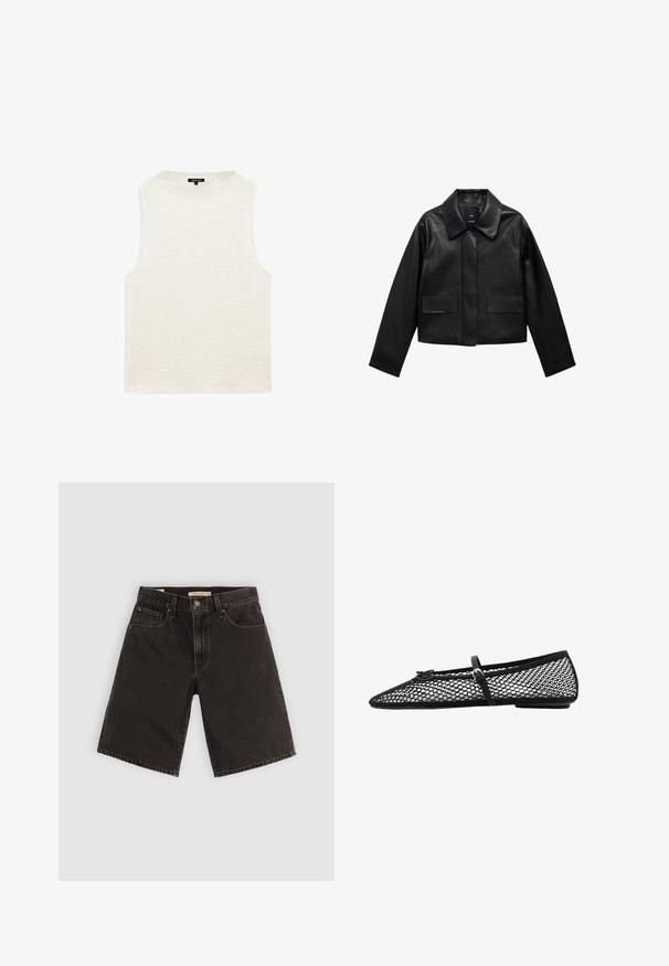 Zwart cropped leren jasje met een kraag, sluiting met voorste knopen en twee grote klepzakken. Vlotte textuur en gestructureerde vorm.; Witte mouwloze top met een gestructureerd, golvend patroon. Ronde halslijn, relaxte pasvorm en geen zichtbare hardware of accenten. Zachte stof.; Zwarte denim shorts met een rechte snit, vijf zakken en metalen hardware, van een gestructureerde stof met een standaard tailleband.; Zwarte mesh balletflat met spitse neus, een decoratieve band en subtiele accenten. Heeft een open-net ontwerp en een platte zool.